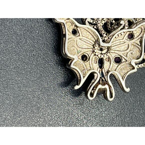 Vintage Sterling Silver Butterfly Pendant Amethyst Enamel 17" Box Chain Italy - Picture 8 of 13